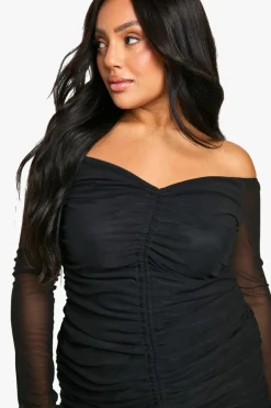 Bodycon Dresses*boohoo plus mesh Ruched bardot mini black