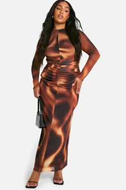 Maxi Dresses|Long Sleeve Dresses*boohoo Plus Mesh Ruched Long Sleeve Column Maxi Dress brown