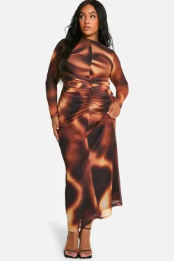Maxi Dresses|Long Sleeve Dresses*boohoo Plus Mesh Ruched Long Sleeve Column Maxi Dress brown