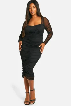 Bodycon Dresses|Mini Dresses*boohoo Plus Mesh Ruched Midi Dress black
