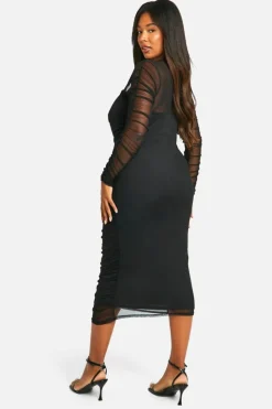 Bodycon Dresses|Mini Dresses*boohoo Plus Mesh Ruched Midi Dress black