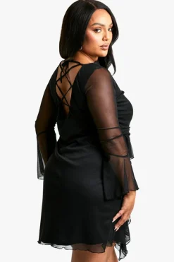 Smock Dresses*boohoo Plus Mesh Ruffle Flared Sleeve Smock Dress black