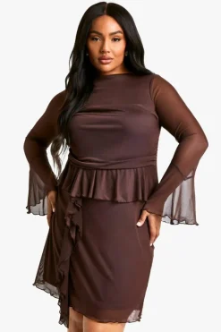 Smock Dresses*boohoo Plus Mesh Ruffle Flared Sleeve Smock Dress chocolate