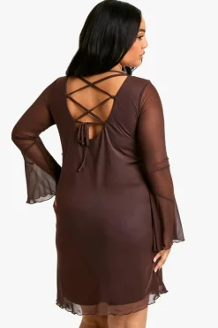 Smock Dresses*boohoo Plus Mesh Ruffle Flared Sleeve Smock Dress chocolate
