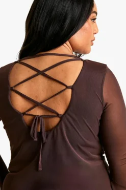 Smock Dresses*boohoo Plus Mesh Ruffle Flared Sleeve Smock Dress chocolate