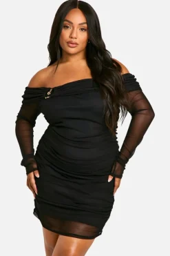 Bodycon Dresses|Mini Dresses*boohoo Plus Mesh Trim Detail Off Shoulder Ruched Mini Dress black