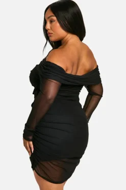 Bodycon Dresses|Mini Dresses*boohoo Plus Mesh Trim Detail Off Shoulder Ruched Mini Dress black