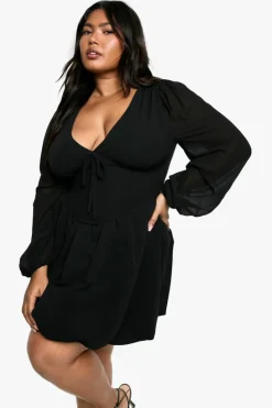 Skater Dresses|Long Sleeve Dresses*boohoo Plus Milkmaid Woven bubble Hem Skater Dress black