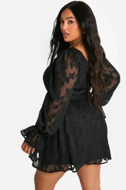 Skater Dresses|Mini Dresses*boohoo Plus Milkmaid Woven Burnout Floral Skater Dress black