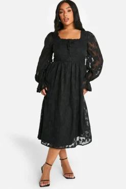 Skater Dresses|Midi Dresses*boohoo Plus Milkmaid Woven Burnout Floral Midi Skater Dress black