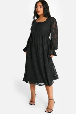 Skater Dresses|Midi Dresses*boohoo Plus Milkmaid Woven Burnout Floral Midi Skater Dress black