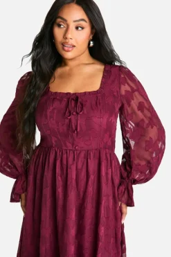 Midi Dresses*boohoo Plus Milkmaid Woven Burnout Floral Midi Skater Dress plum