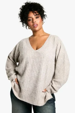 Jumpers*boohoo Plus Mixed Rib Longline Jumper stone