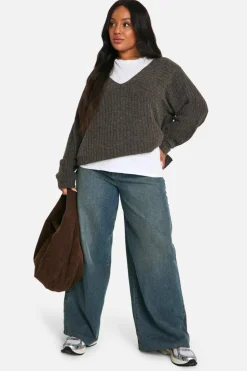 Jumpers|Jumpers & Cardigans*boohoo Plus Mixed Rib Longline Jumper chocolate