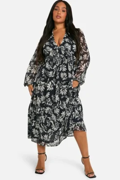 Skater Dresses*boohoo Plus Mono Floral Chiffon Long Sleeve Frill Midaxi Dress black