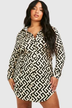 Shirt Dresses|Mini Dresses*boohoo Plus Mono Printed Shirt Dress black