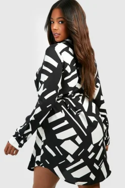 Shirt Dresses*boohoo Plus Mono Printed Tie Belt Shirt Dress black