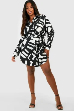 Shirt Dresses*boohoo Plus Mono Printed Tie Belt Shirt Dress black