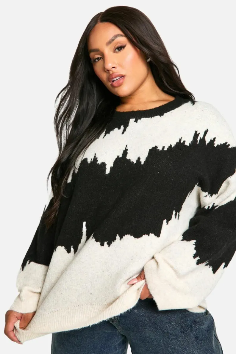 Oversized Jumpers|Jumpers*boohoo Plus Monochrome Abstract Stripe Oversized Jumper black