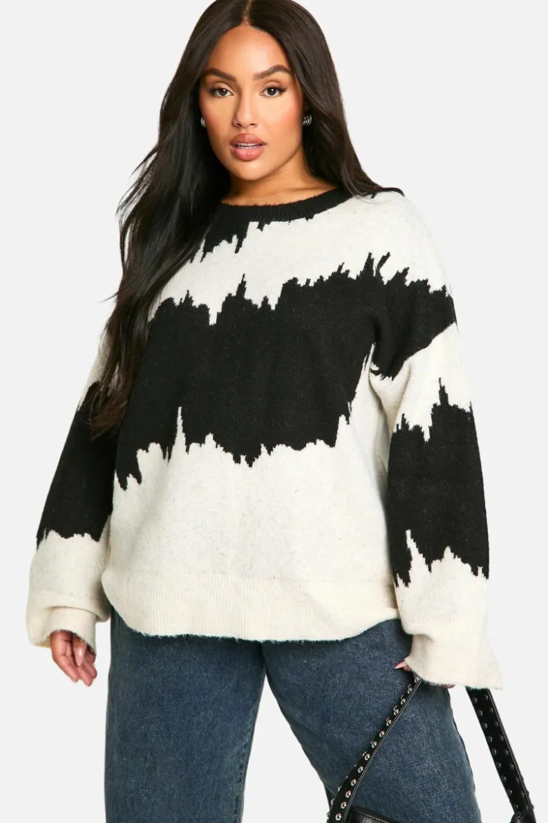 Oversized Jumpers|Jumpers*boohoo Plus Monochrome Abstract Stripe Oversized Jumper black