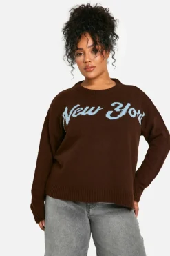 Oversized Jumpers|Jumpers*boohoo Plus New York Script Oversized Knitted Jumper chocolate