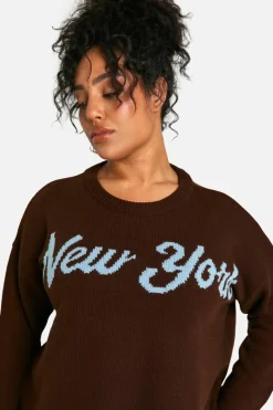 Oversized Jumpers|Jumpers*boohoo Plus New York Script Oversized Knitted Jumper chocolate