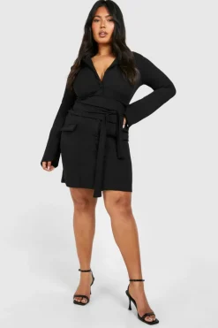 Blazer Dresses*boohoo Plus Obi Waist Skort Blazer Dress black