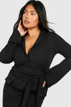 Blazer Dresses*boohoo Plus Obi Waist Skort Blazer Dress black