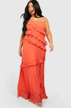 Maxi Dresses*boohoo Plus Occasion Ruffle One Shoulder Maxi Dress burnt orange