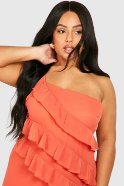Maxi Dresses*boohoo Plus Occasion Ruffle One Shoulder Maxi Dress burnt orange