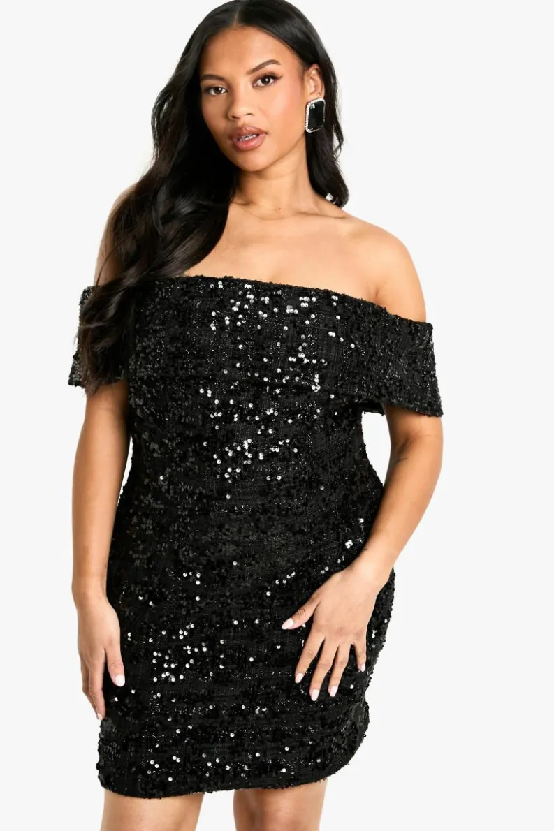 Mini Dresses|Dresses*boohoo Plus Off Shoulder Boucle Shift Dress Dress black