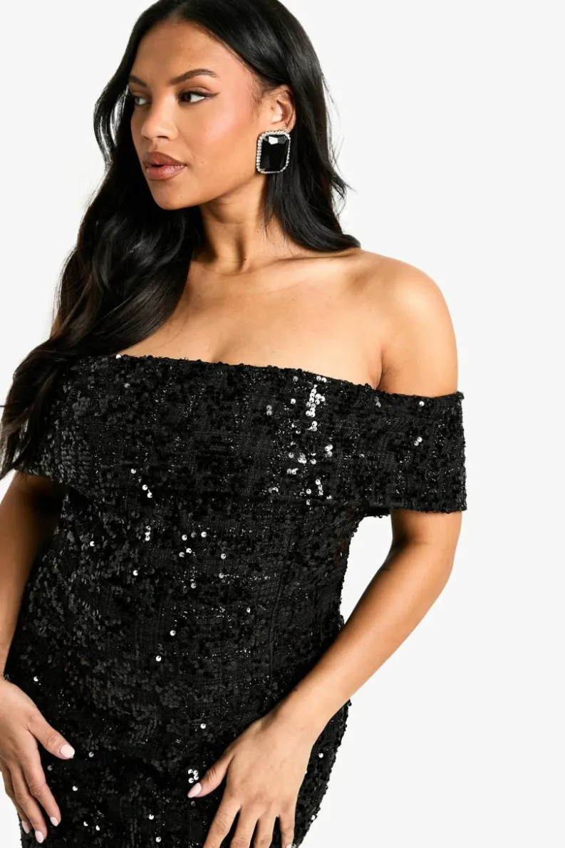 Mini Dresses|Dresses*boohoo Plus Off Shoulder Boucle Shift Dress Dress black