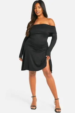 Skater Dresses*boohoo Plus Off Shoulder Long Sleeve Skater Dress black