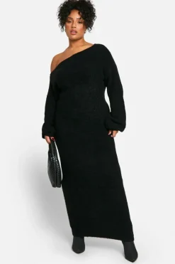 Maxi Dresses|Jumper Dresses*boohoo Plus Off The Shoulder Borg Knitted Maxi Dress black