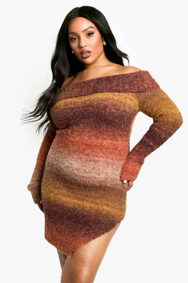 Jumper Dresses|Jumper Dresses*boohoo Plus Ombre Fluffy Knit Bardot Mini Dress rust