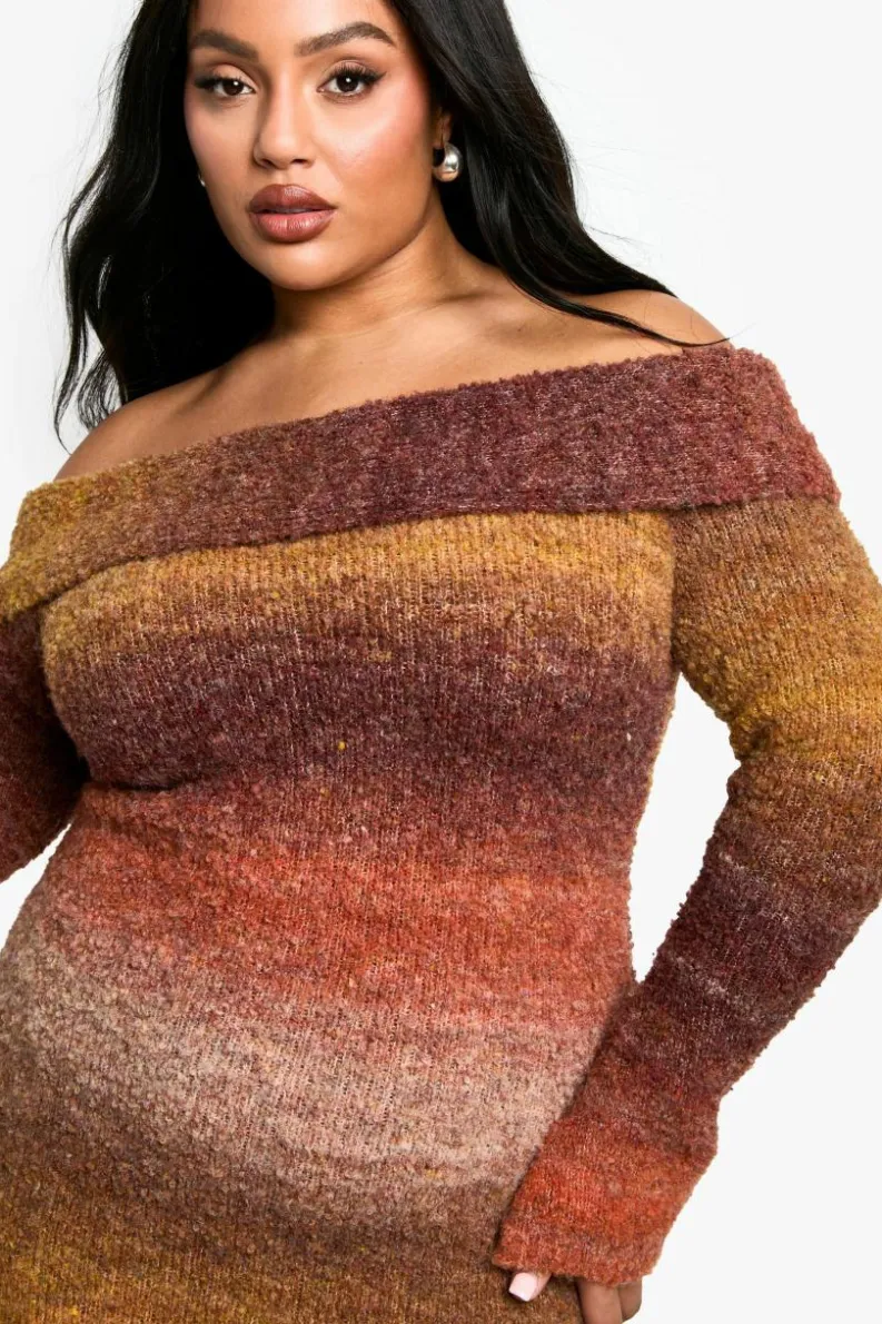 Jumper Dresses|Jumper Dresses*boohoo Plus Ombre Fluffy Knit Bardot Mini Dress rust