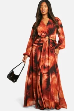 Maxi Dresses*boohoo Plus Ombre Print Chiffon Cut Out Maxi Dress brown