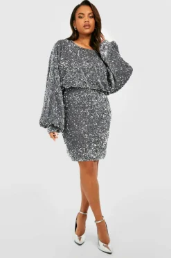 Bodycon Dresses*boohoo Plus Oversized Blouson Sleeve Sequin Mini Dress silver