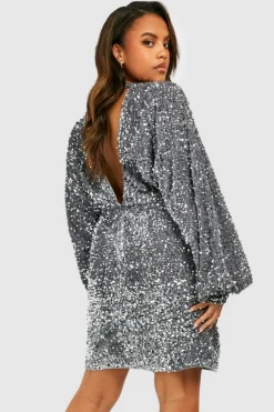 Bodycon Dresses*boohoo Plus Oversized Blouson Sleeve Sequin Mini Dress silver