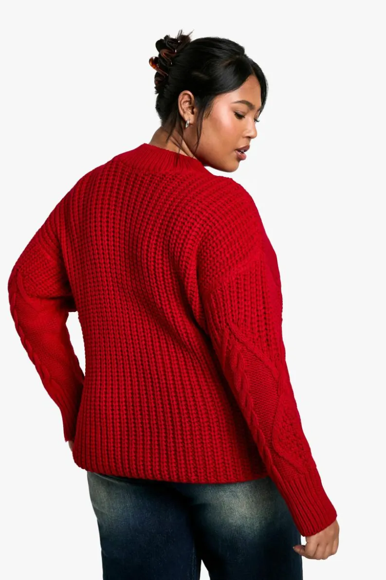 Oversized Jumpers*boohoo Plus Oversized Cable Knit Jumper red