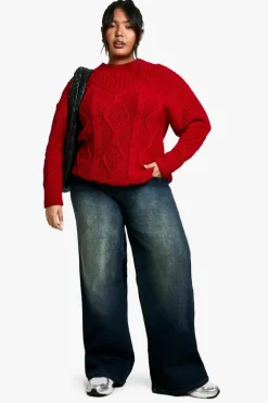 Oversized Jumpers*boohoo Plus Oversized Cable Knit Jumper red