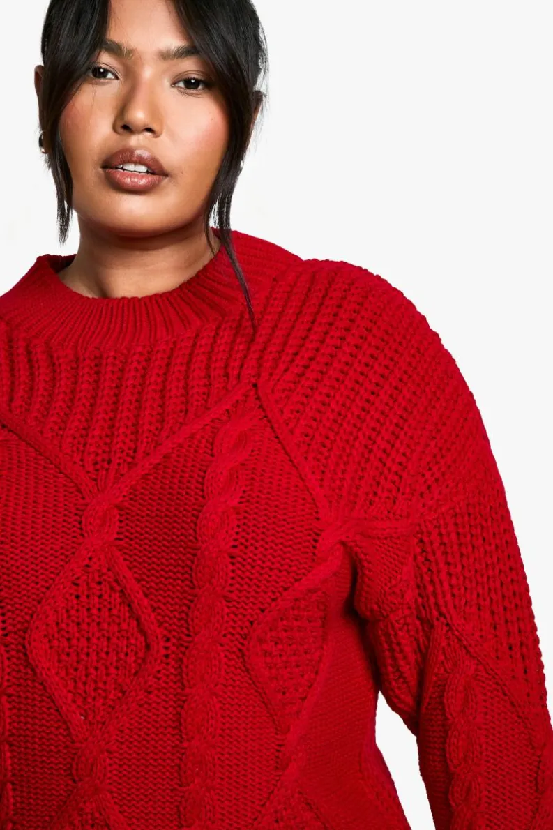 Oversized Jumpers*boohoo Plus Oversized Cable Knit Jumper red