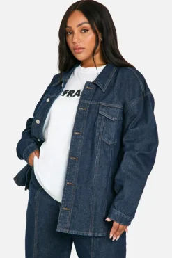 Up To 80% Off Winter Warmers|Denim Jackets*boohoo Plus Oversized Contrast Stitch Raw Indigo Denim Jacket dark indigo