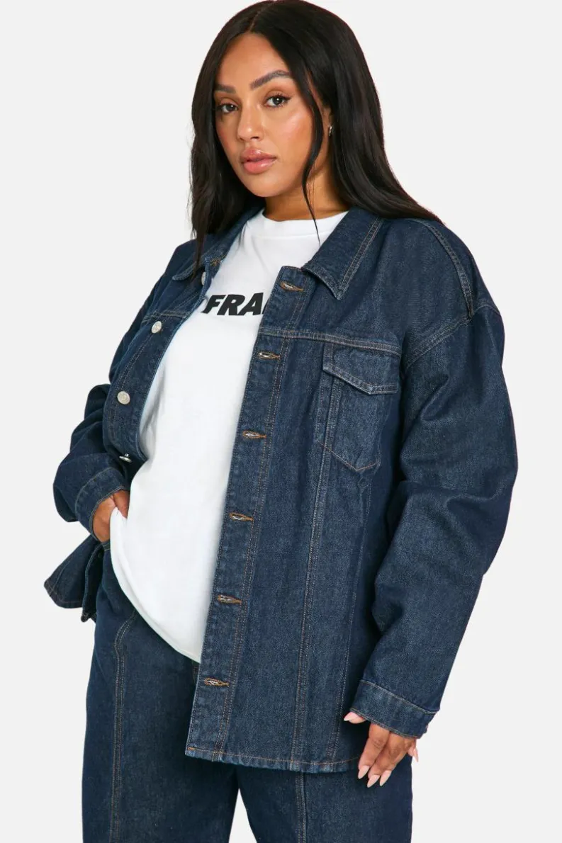 Up To 80% Off Winter Warmers|Denim Jackets*boohoo Plus Oversized Contrast Stitch Raw Indigo Denim Jacket dark indigo