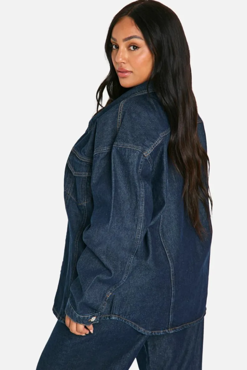 Up To 80% Off Winter Warmers|Denim Jackets*boohoo Plus Oversized Contrast Stitch Raw Indigo Denim Jacket dark indigo