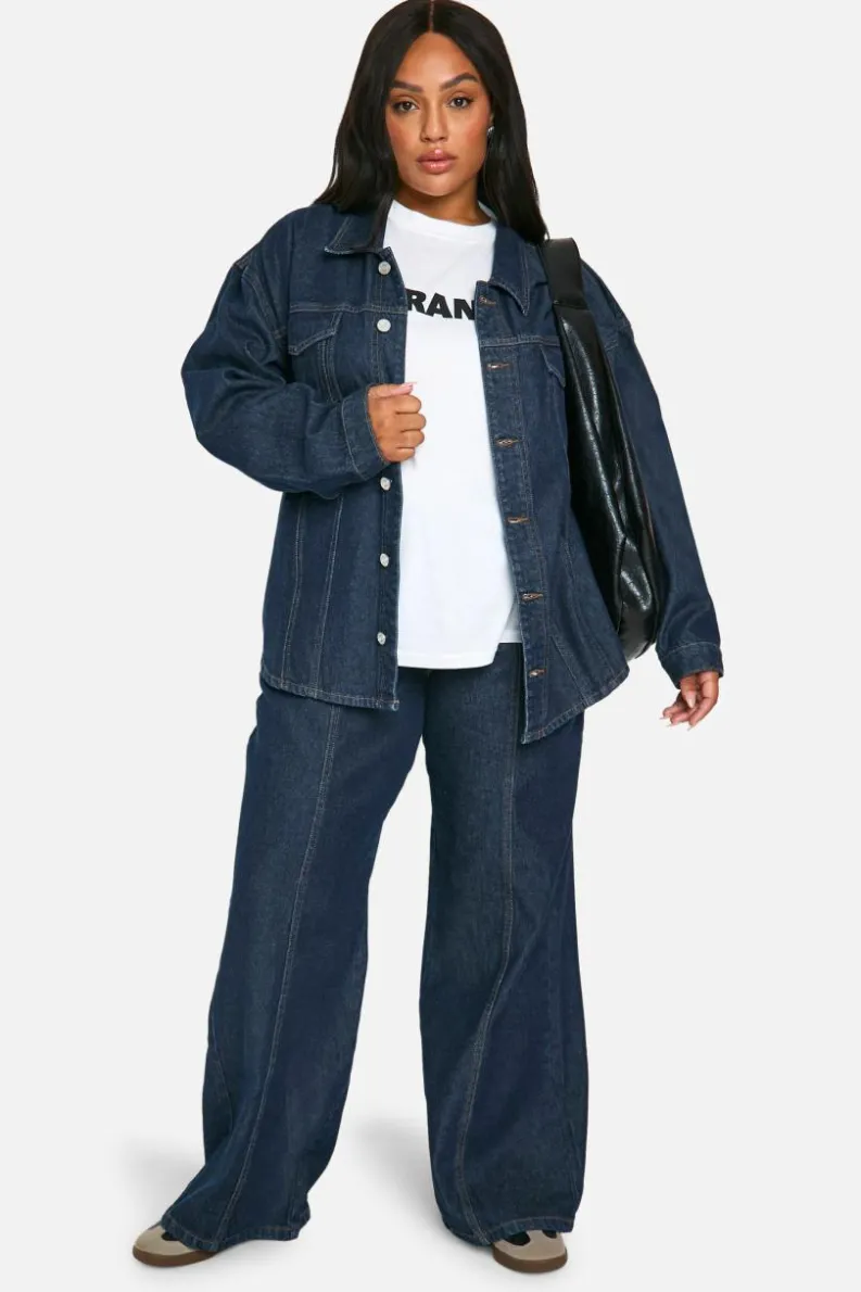 Up To 80% Off Winter Warmers|Denim Jackets*boohoo Plus Oversized Contrast Stitch Raw Indigo Denim Jacket dark indigo