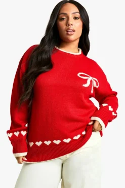 Oversized Jumpers|Jumpers*boohoo Plus Oversized Heart & Bow Jumper red