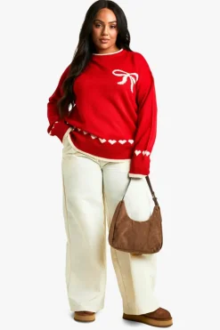 Oversized Jumpers|Jumpers*boohoo Plus Oversized Heart & Bow Jumper red