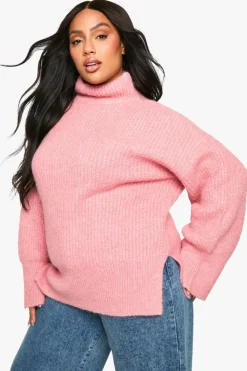 Oversized Jumpers|Jumpers*boohoo Plus Oversized High Neck Knitted Jumper pink
