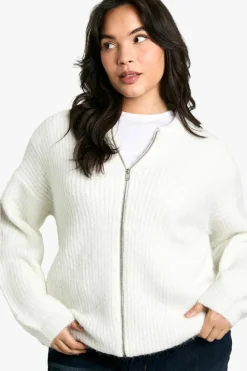 Cardigans|Up To 80% Off Winter Warmers*boohoo Plus Oversized Zip Through Knitted Bomber Jacket off white